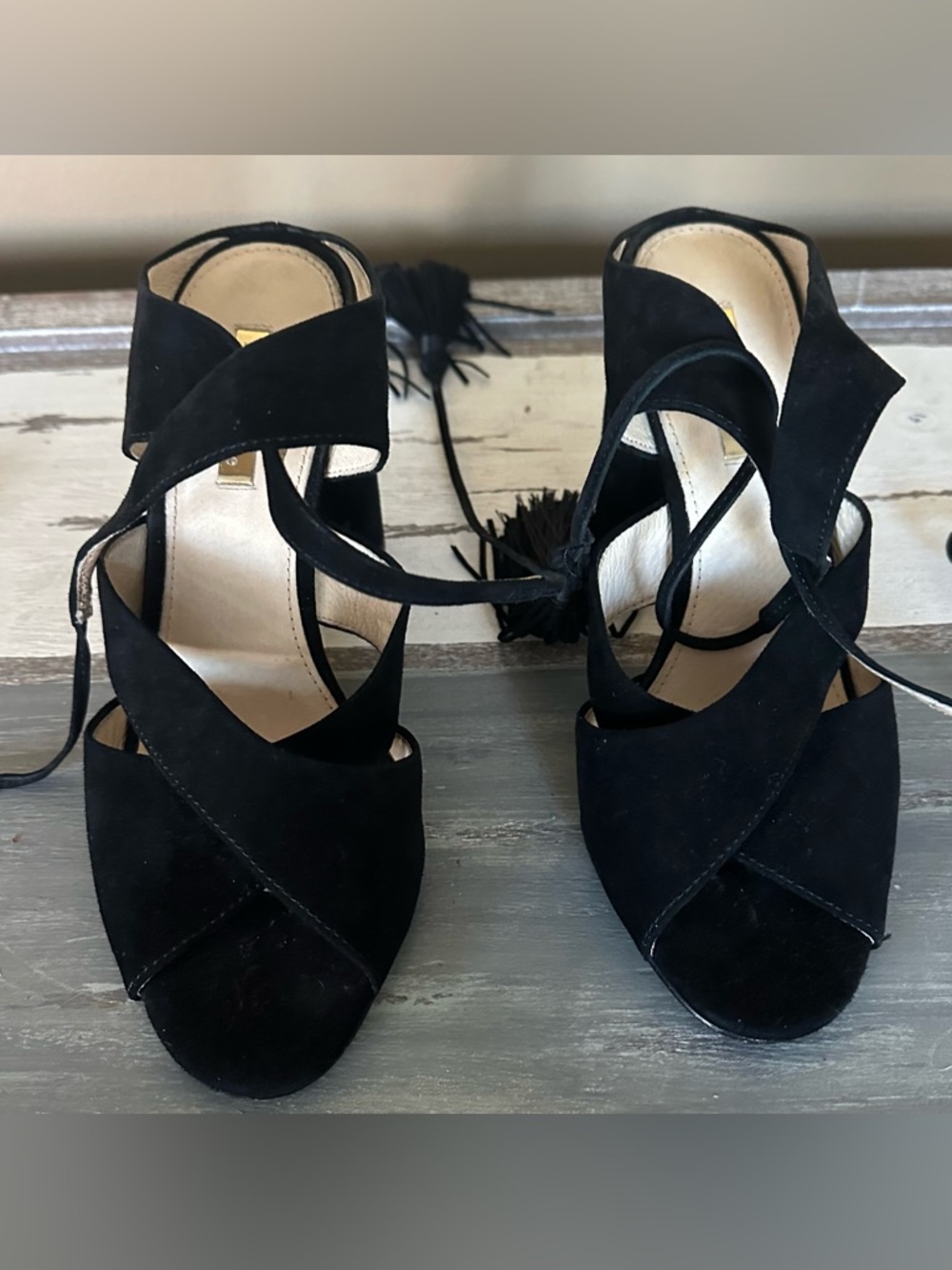 Louise et‎ Cie Black Suede Lace Up Heels Size 7.5 / 38 Block Heel Sandals